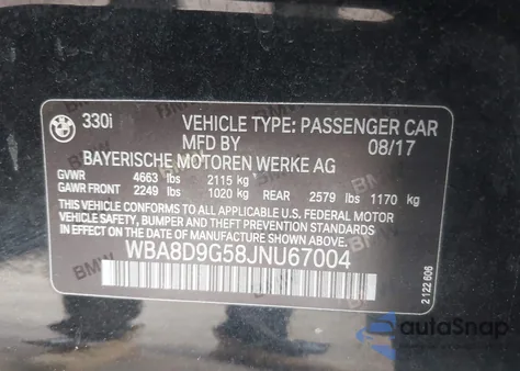 2018 BMW 330I xDrive z USA, uszkodzony, nr VIN WBA8D9G58JNU67004